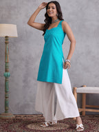 InWeave Cyan Blue Kantha Striped Kurta