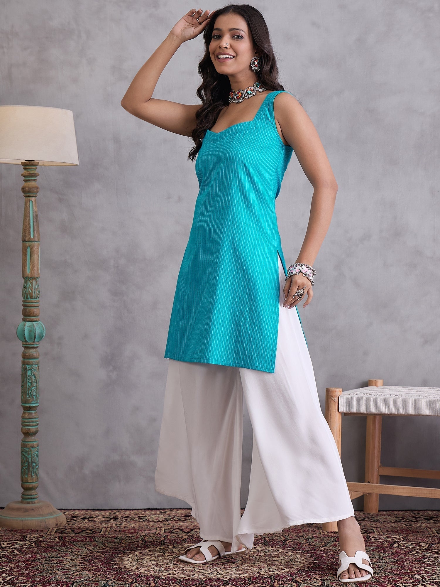InWeave Cyan Blue Kantha Striped Kurta