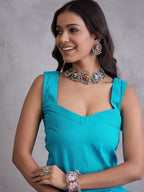 InWeave Cyan Blue Kantha Striped Kurta