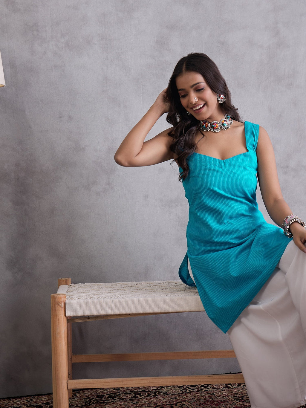 InWeave Cyan Blue Kantha Striped Kurta