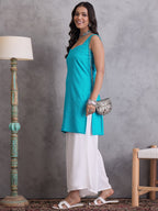 InWeave Cyan Blue Kantha Striped Kurta
