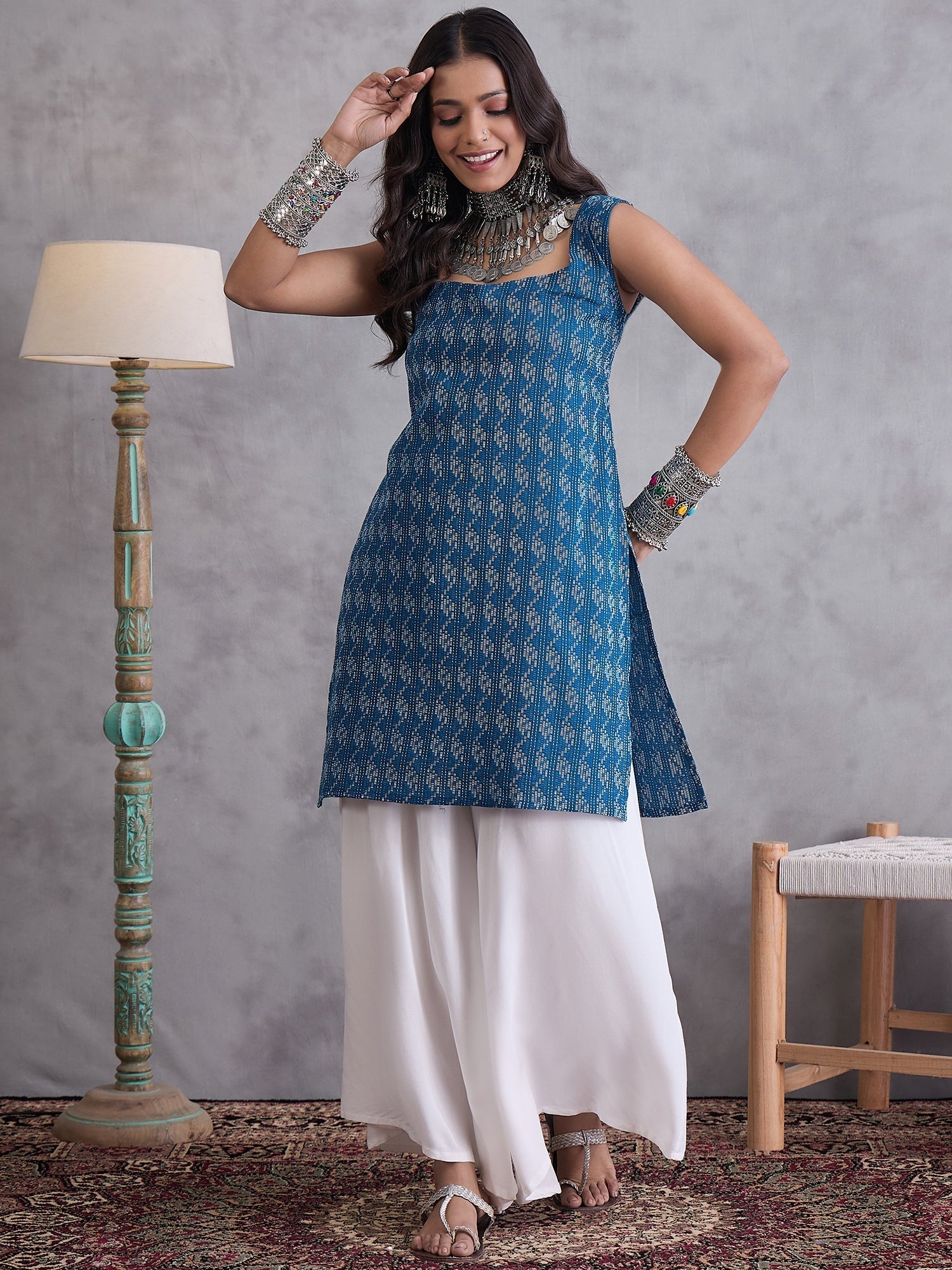 InWeave Blue Ikkat Kantha Kurta