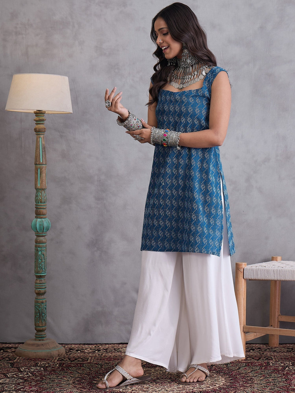 InWeave Blue Ikkat Kantha Kurta