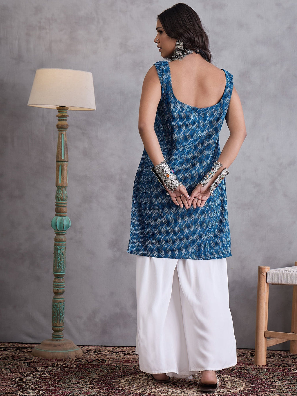 InWeave Blue Ikkat Kantha Kurta