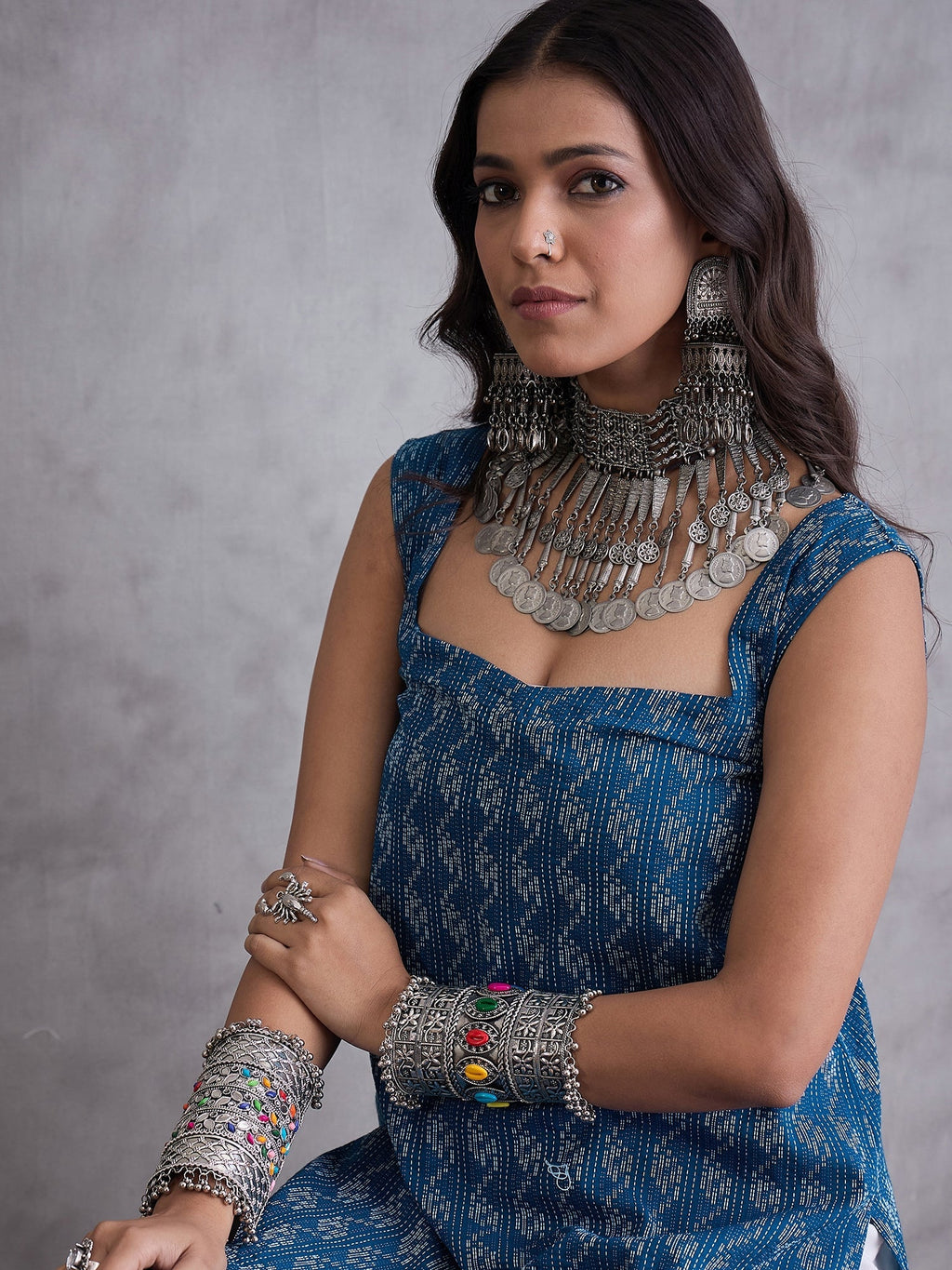 InWeave Blue Ikkat Kantha Kurta