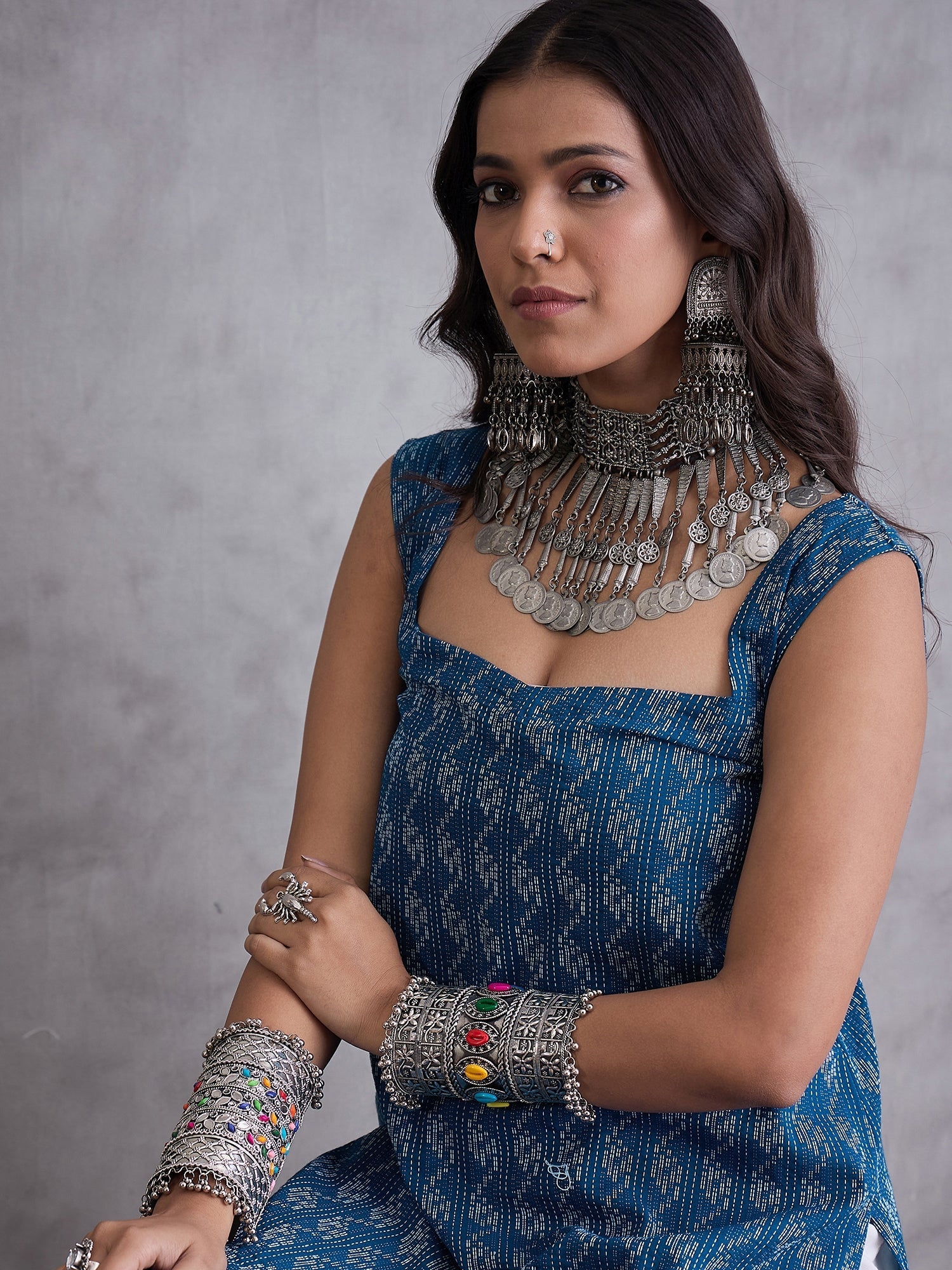 InWeave Blue Ikkat Kantha Kurta