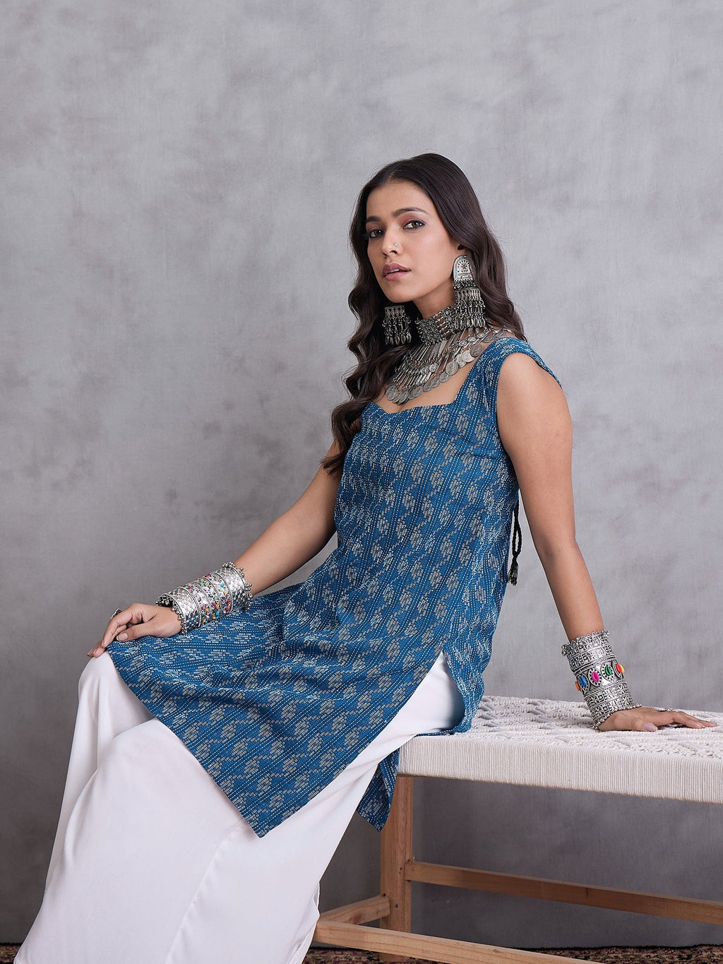 InWeave Blue Ikkat Kantha Kurta