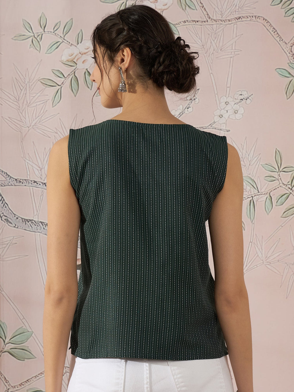 InWeave Dark Green Sleeveless Kantha Top