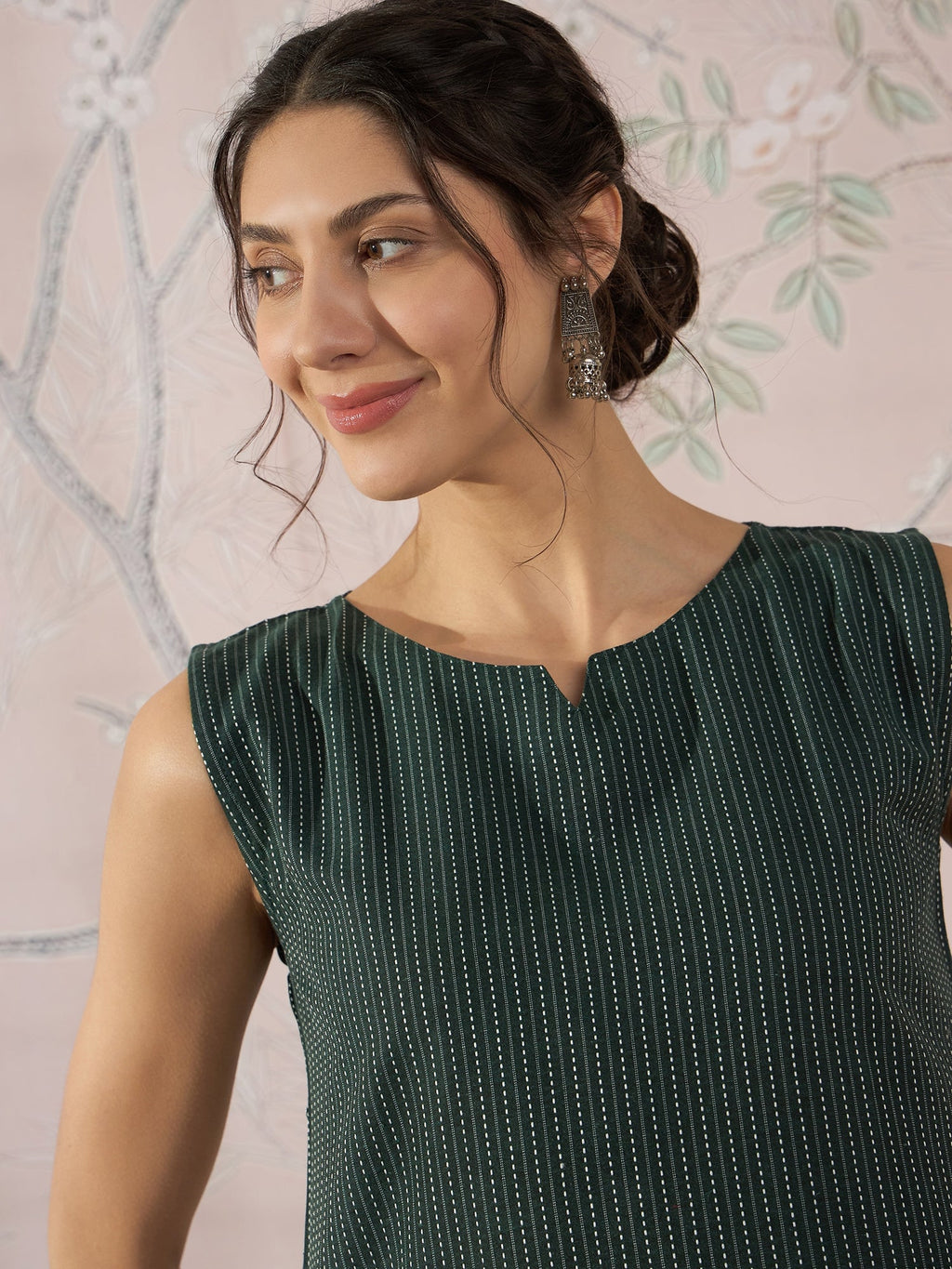 InWeave Dark Green Sleeveless Kantha Top