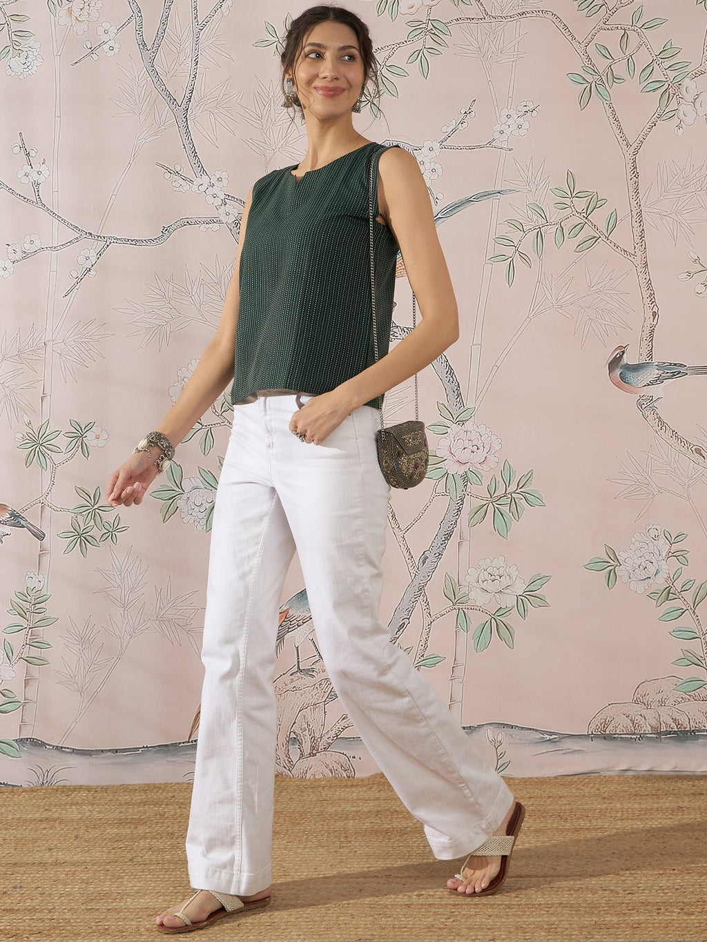 InWeave Dark Green Sleeveless Kantha Top