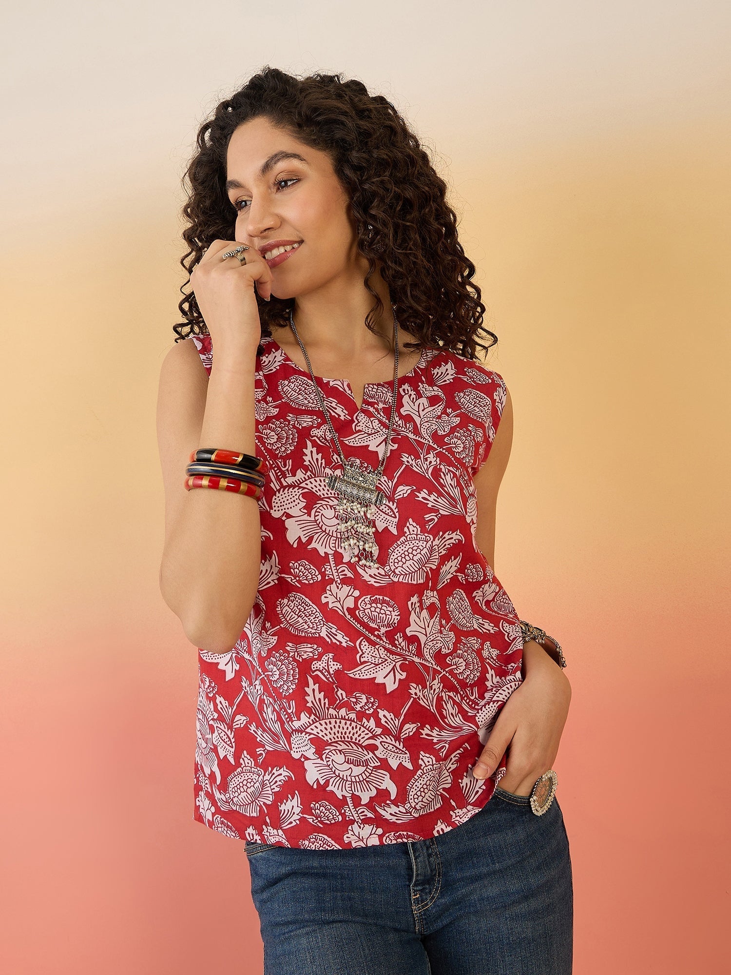 InWeave Red White Block Print W/S Top