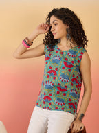 InWeave Teal Red Floral Block Print W/S Top
