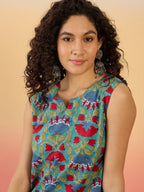 InWeave Teal Red Floral Block Print W/S Top