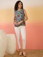 InWeave Teal Red Floral Block Print W/S Top
