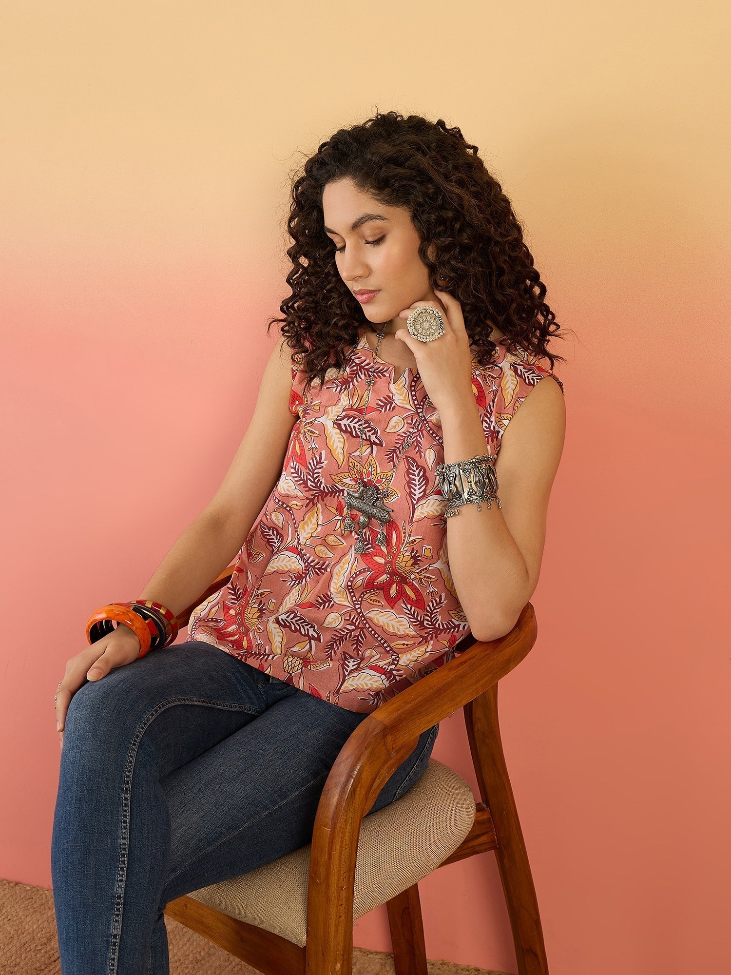InWeave Coral Jaal Floral Print W/S Top