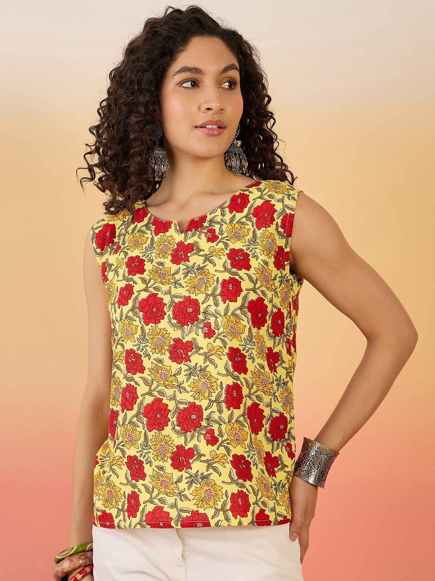 InWeave Butter Yellow Red Rose Jaal W/S Top