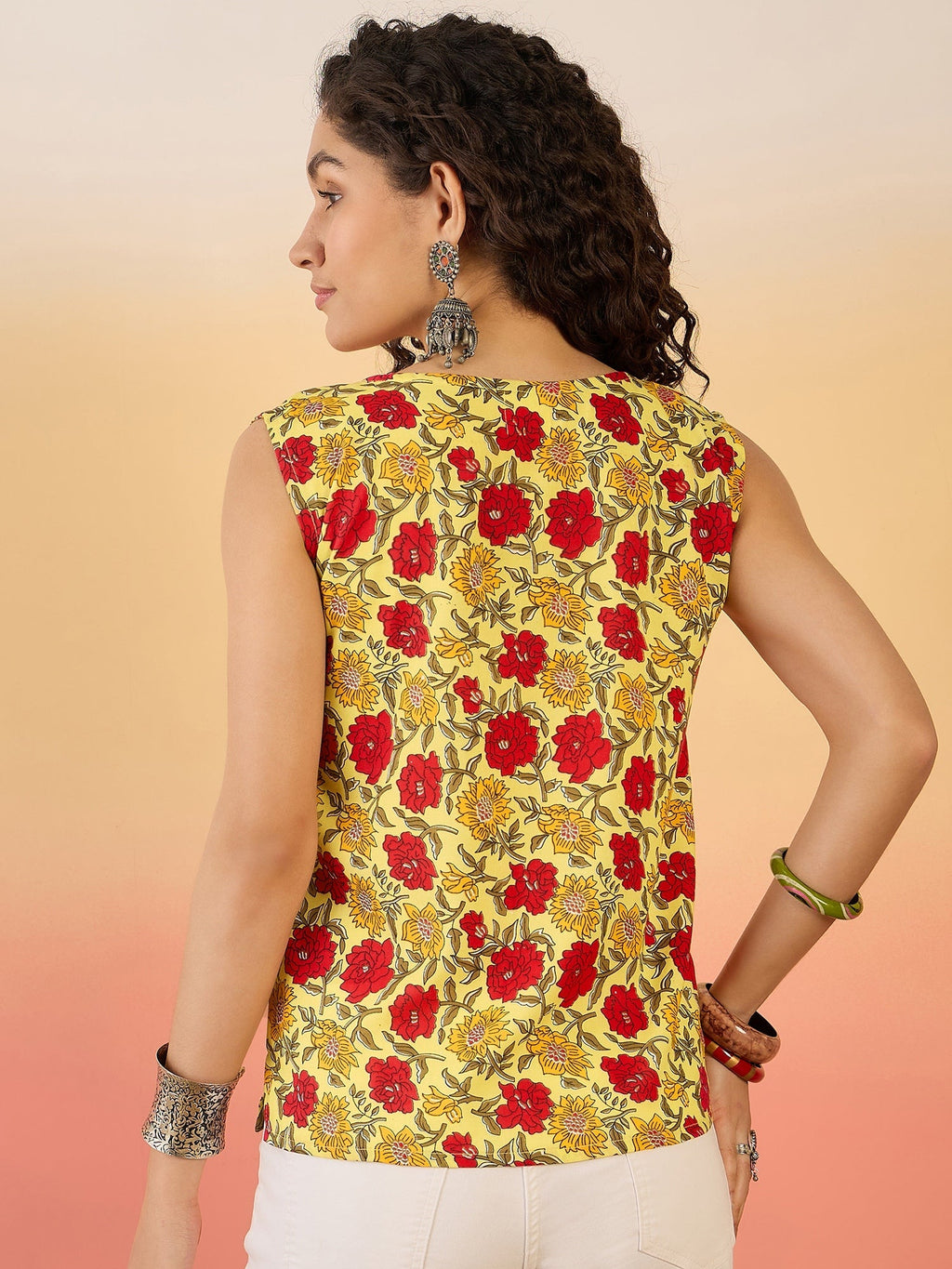 InWeave Butter Yellow Red Rose Jaal W/S Top