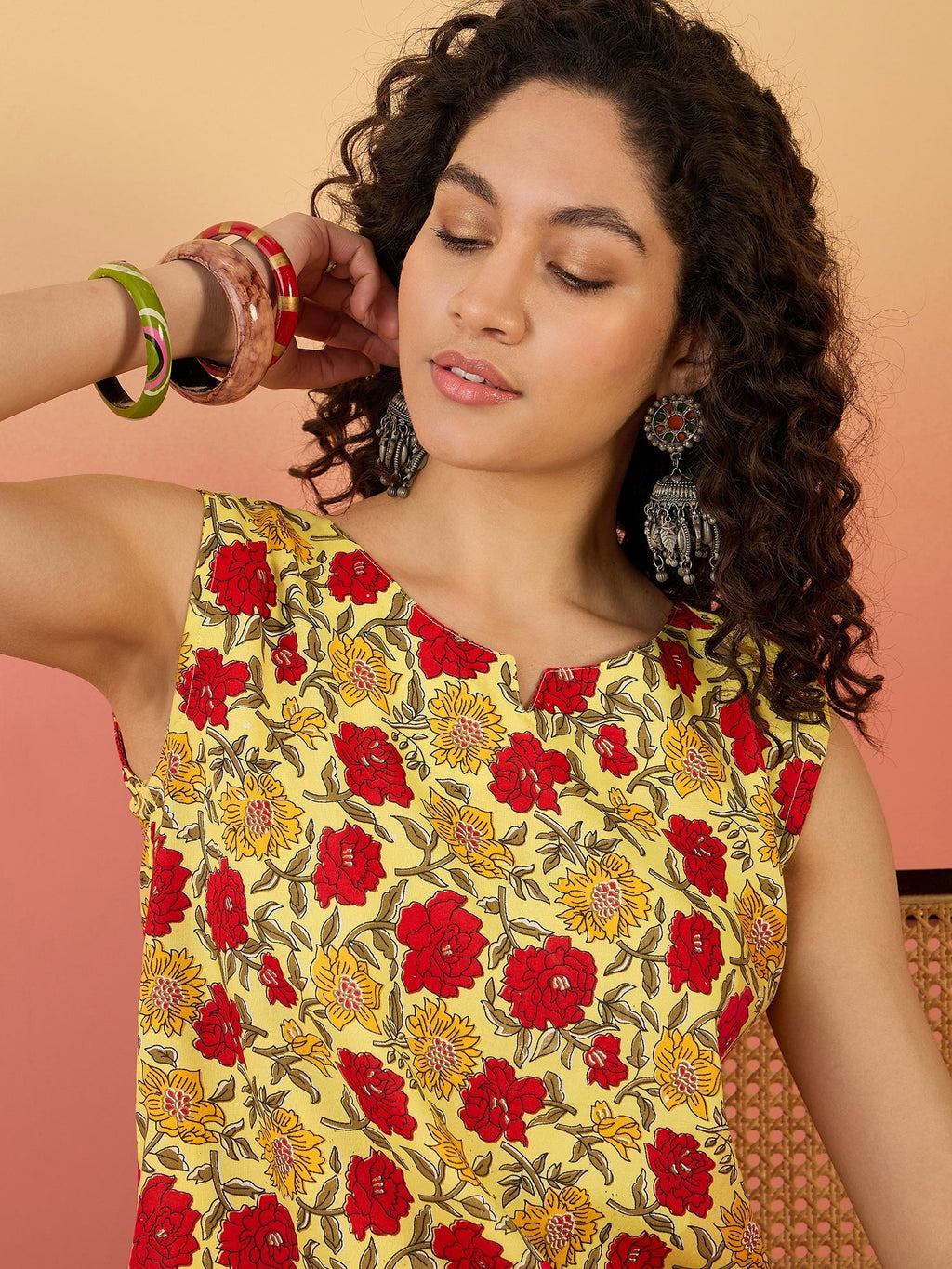 InWeave Butter Yellow Red Rose Jaal W/S Top
