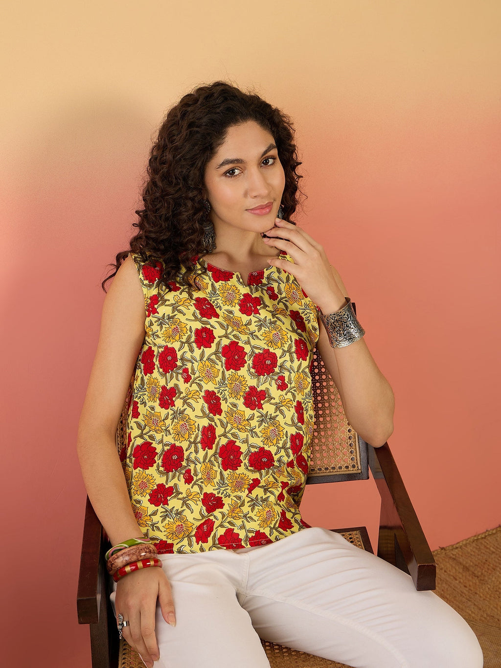 InWeave Butter Yellow Red Rose Jaal W/S Top