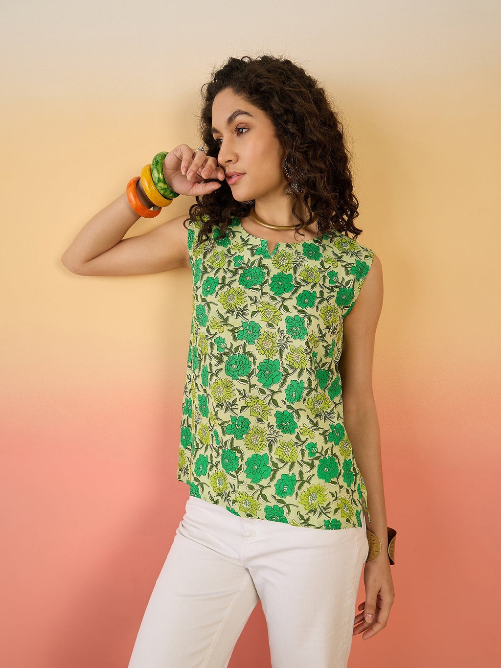 InWeave Pear Green Green Rose Jaal W/S Top