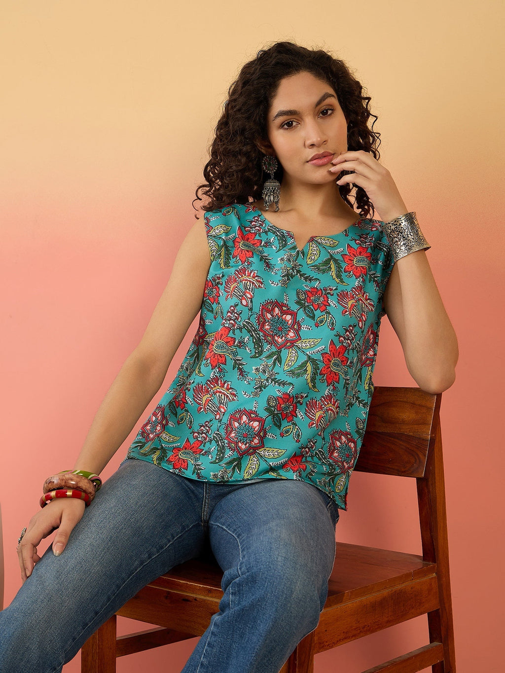 InWeave Teal Floral Print W/S Top