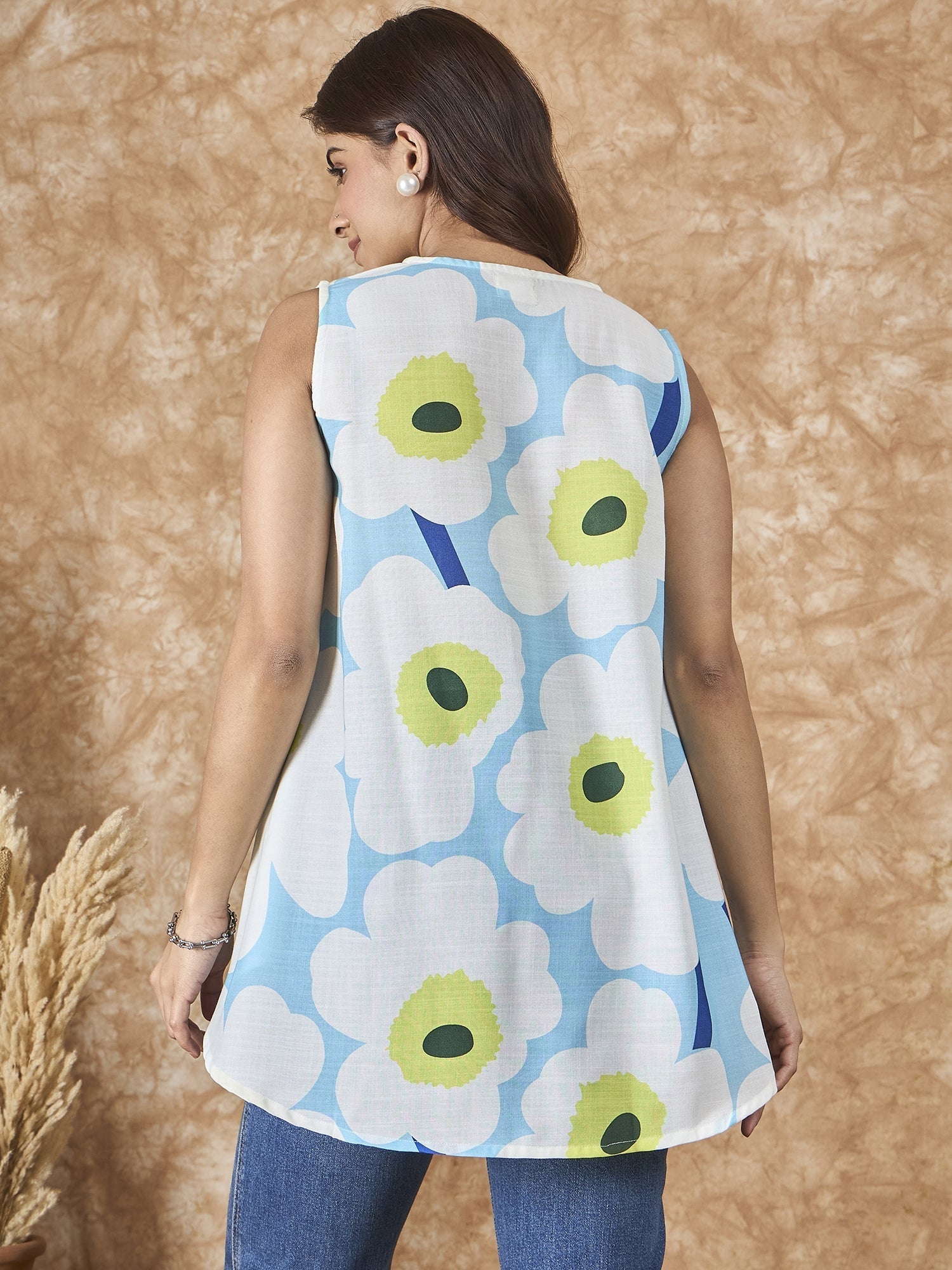 InWeave Skyblue Big Print V Neck Top
