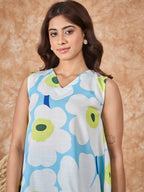 InWeave Skyblue Big Print V Neck Top