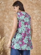 InWeave Green Purple Print V Neck Top