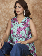 InWeave Green Purple Print V Neck Top