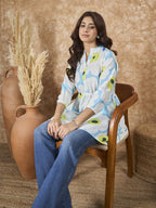 InWeave Sky Blue Big Print Mandarin Top