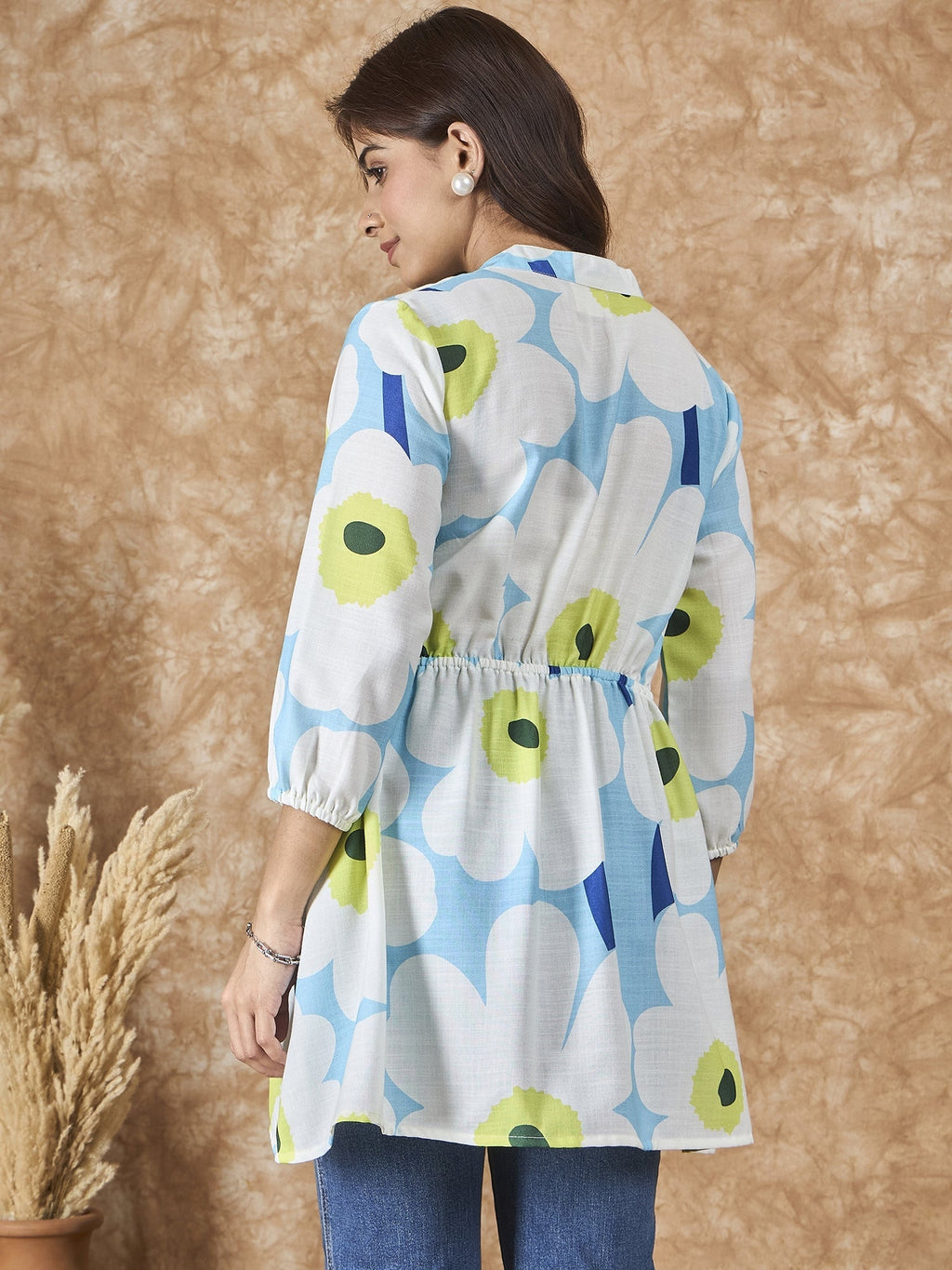 InWeave Sky Blue Big Print Mandarin Top