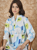 InWeave Sky Blue Big Print Mandarin Top