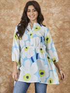 InWeave Sky Blue Big Print Mandarin Top