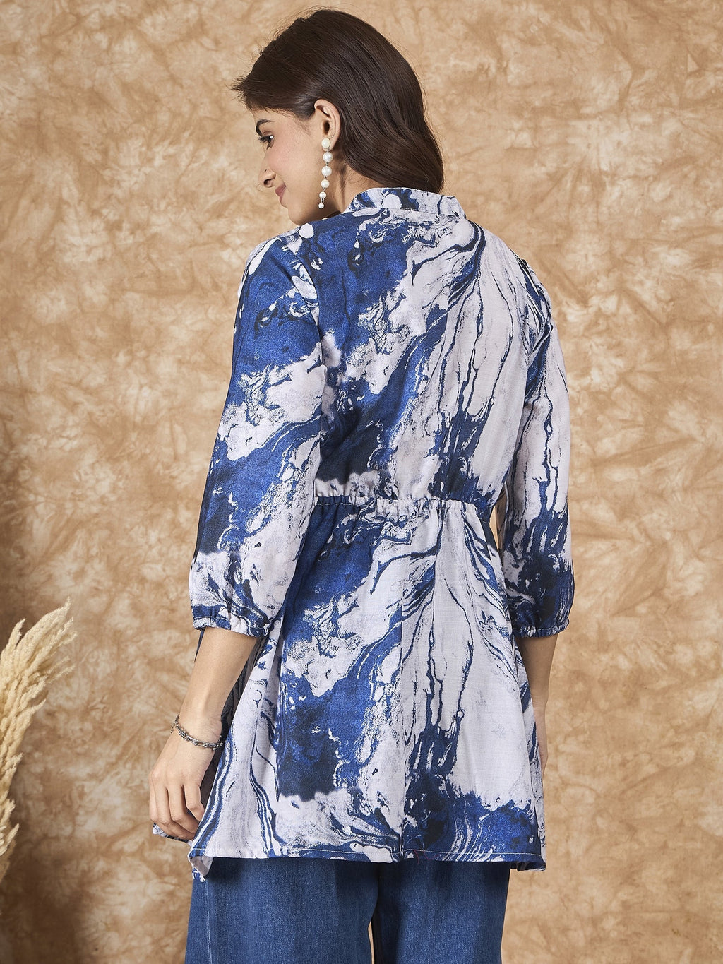 InWeave Navy White Tie Dye Mandarin Top