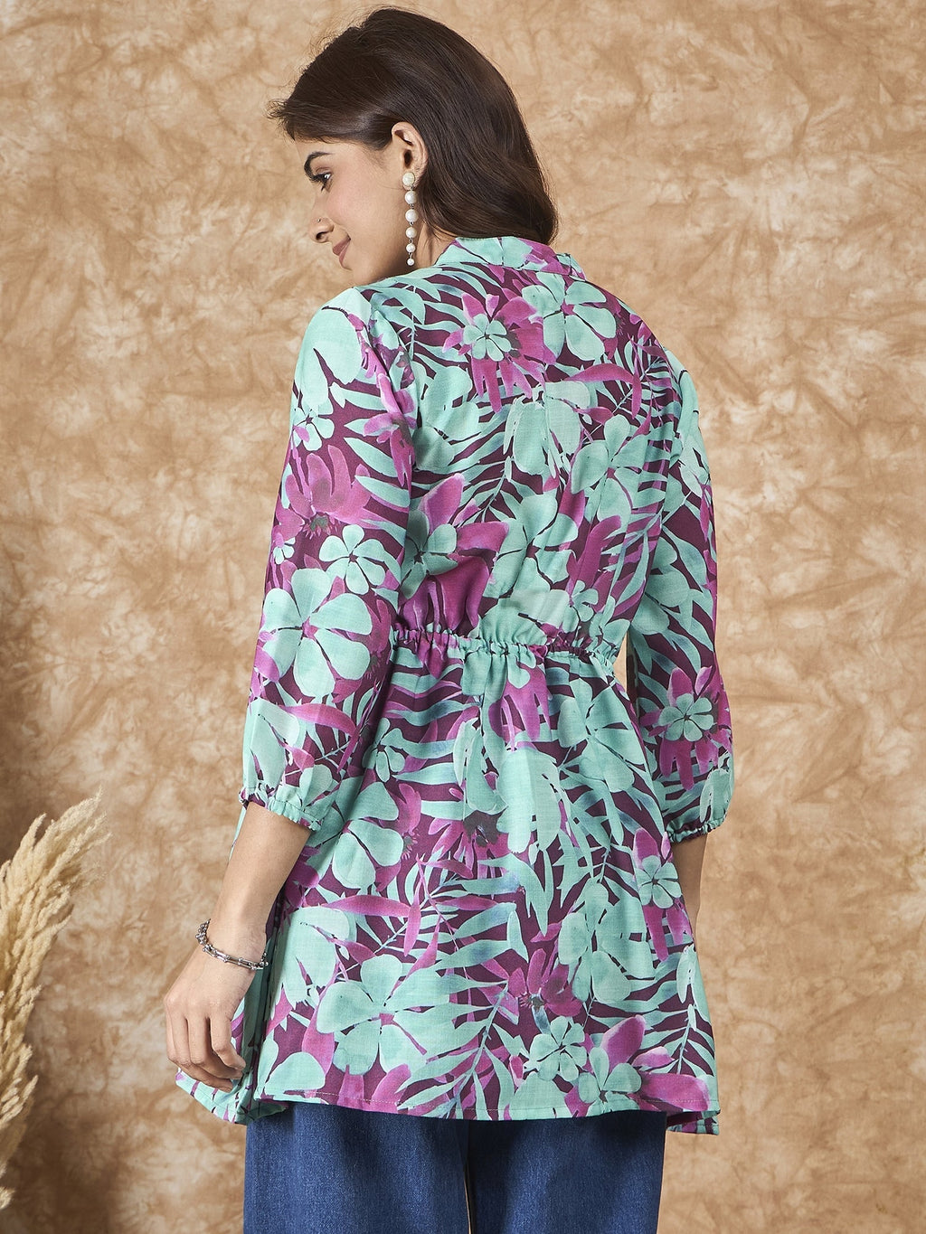 InWeave Green Purple Print Mandarin Top