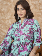 InWeave Green Purple Print Mandarin Top
