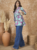 InWeave Green Purple Print Mandarin Top