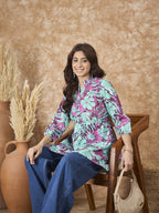 InWeave Green Purple Print Mandarin Top