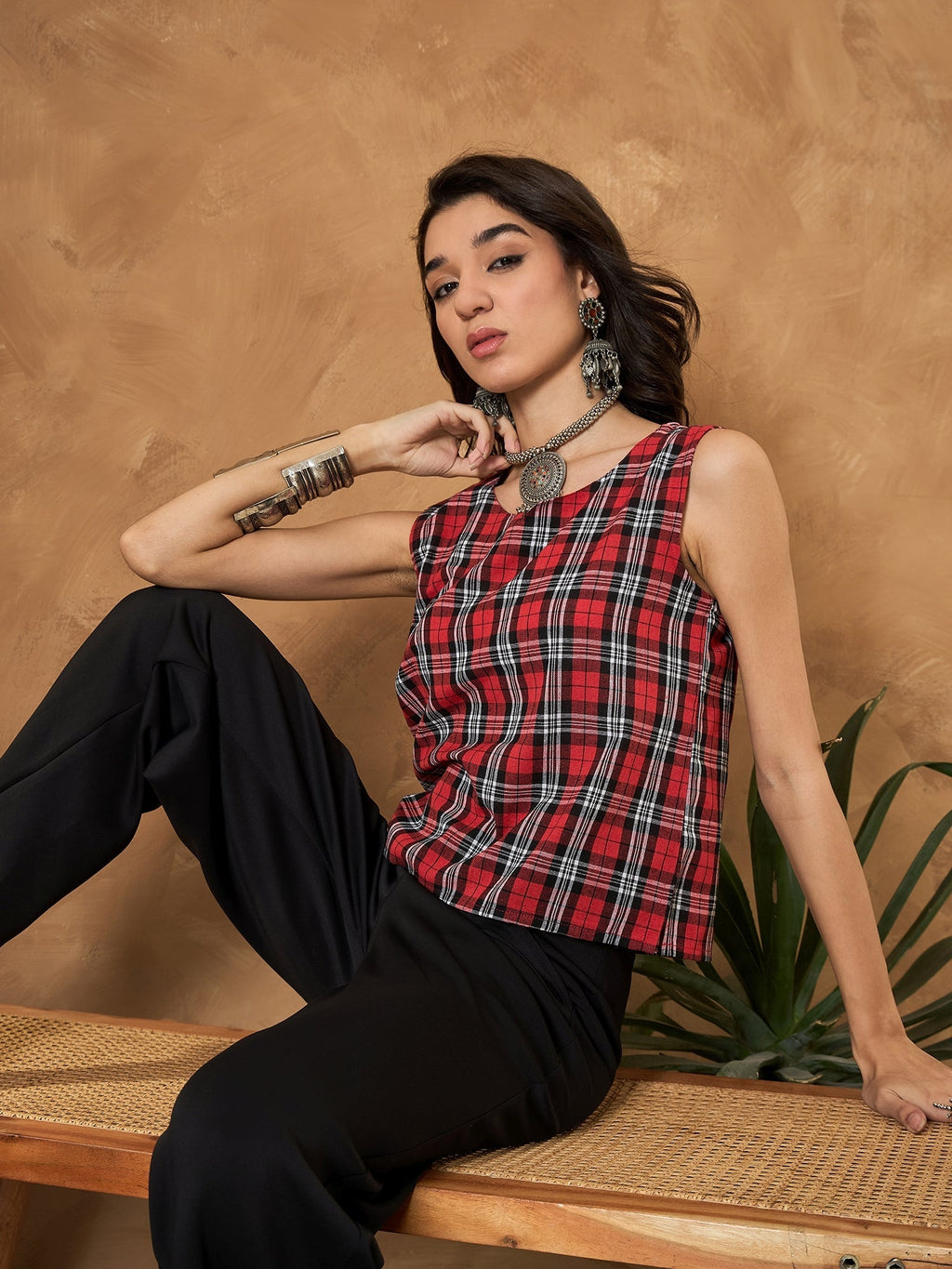 InWeave Red Black Check Sleeveless Top