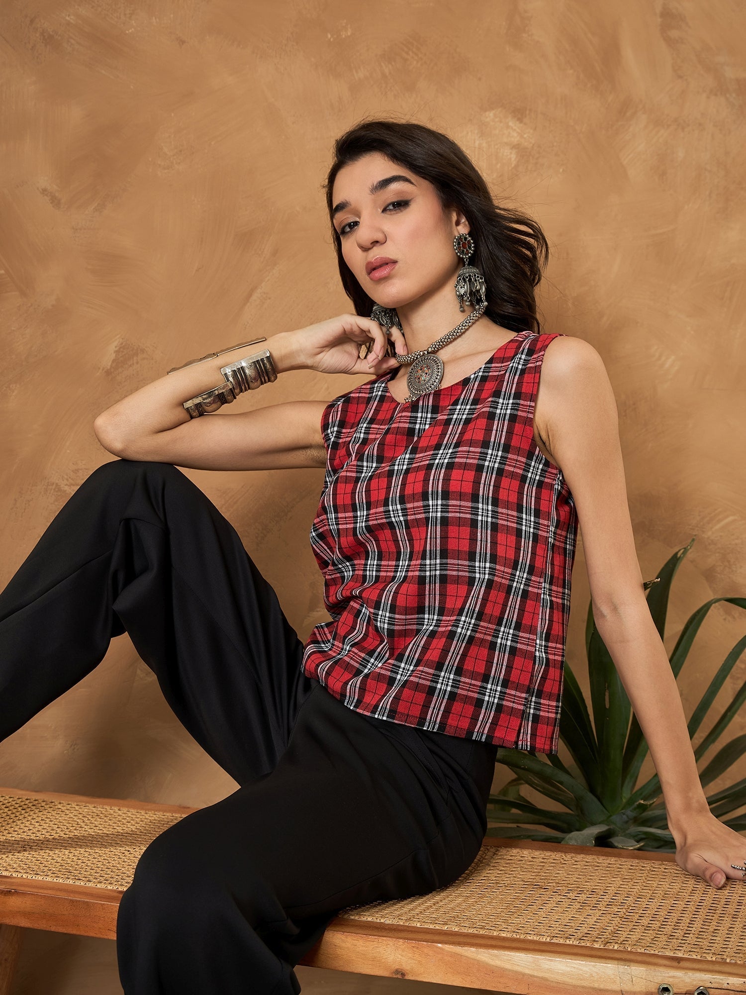 InWeave Red Black Check Sleeveless Top