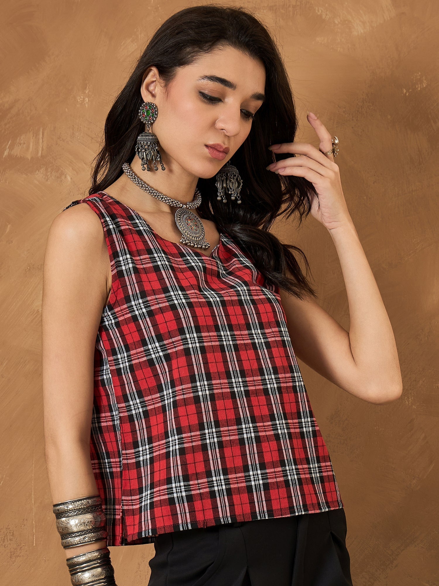 InWeave Red Black Check Sleeveless Top