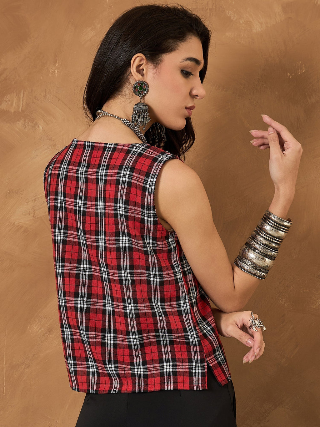 InWeave Red Black Check Sleeveless Top