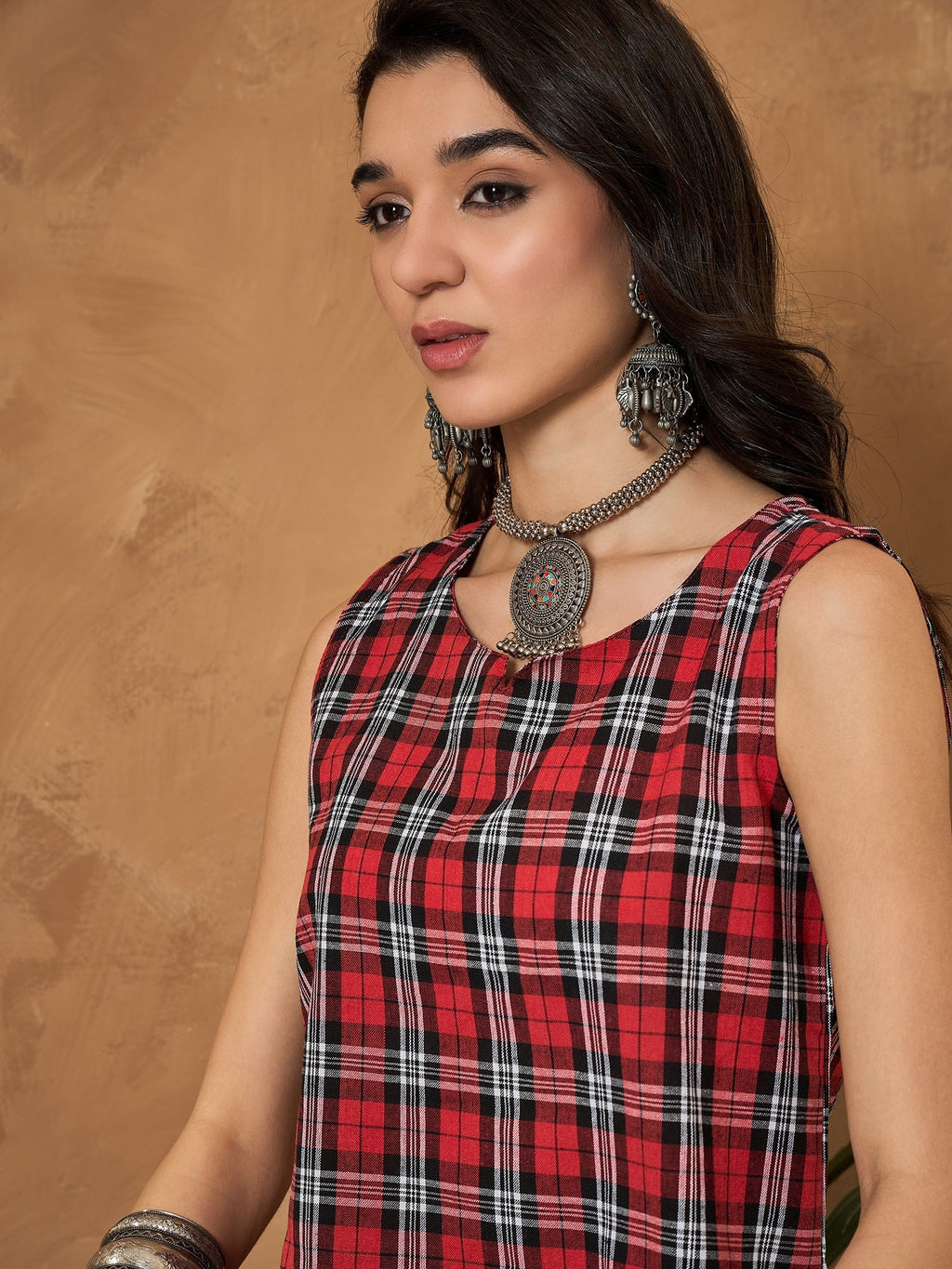 InWeave Red Black Check Sleeveless Top