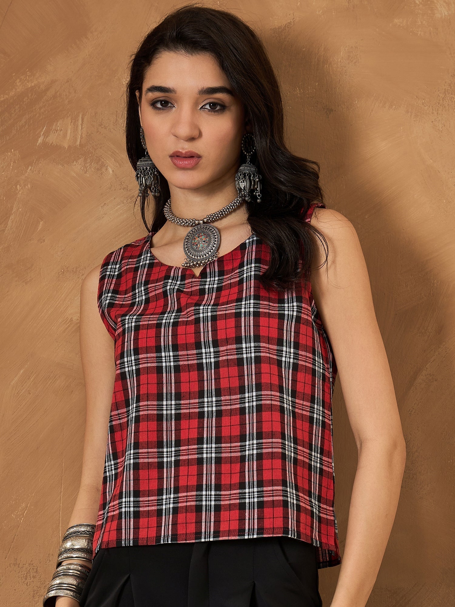 InWeave Red Black Check Sleeveless Top
