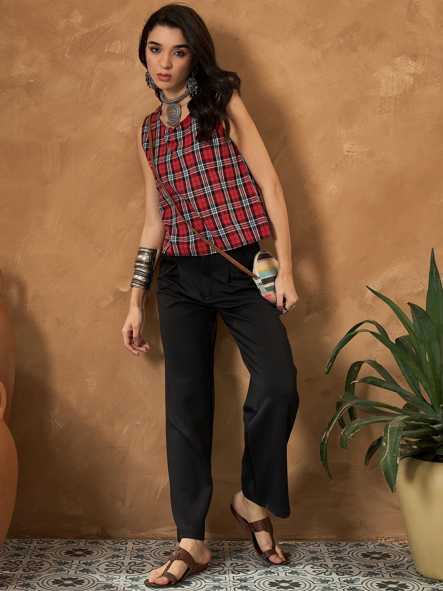 InWeave Red Black Check Sleeveless Top