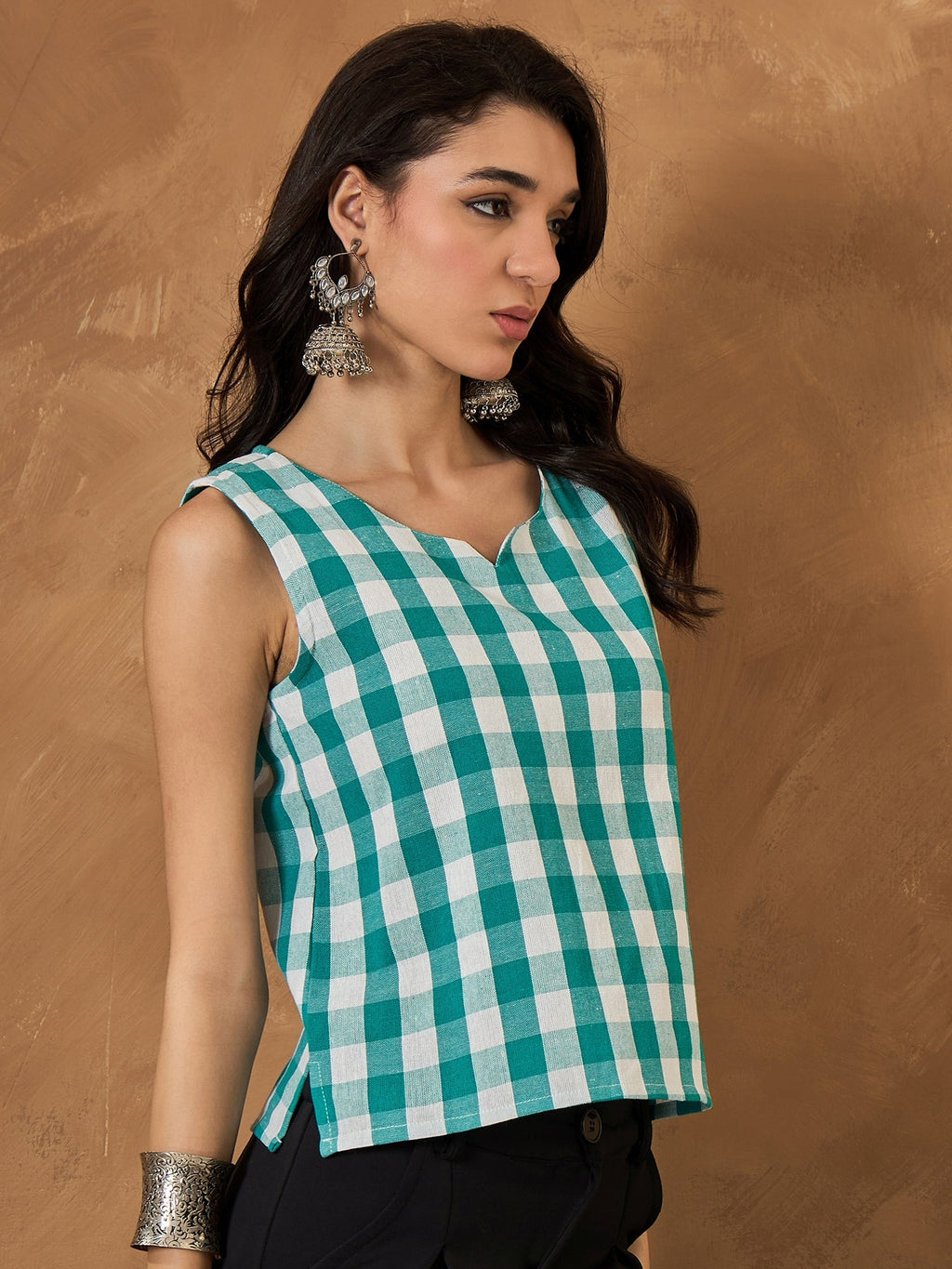 InWeave Light Blue Big Check Sleeveless Top