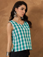 InWeave Light Blue Big Check Sleeveless Top