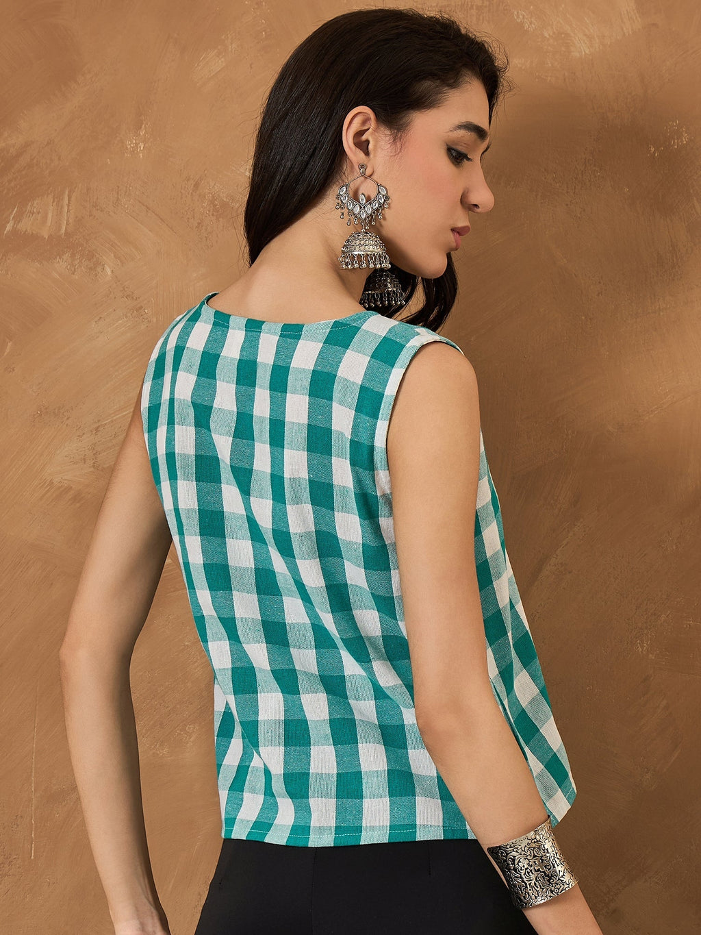 InWeave Light Blue Big Check Sleeveless Top