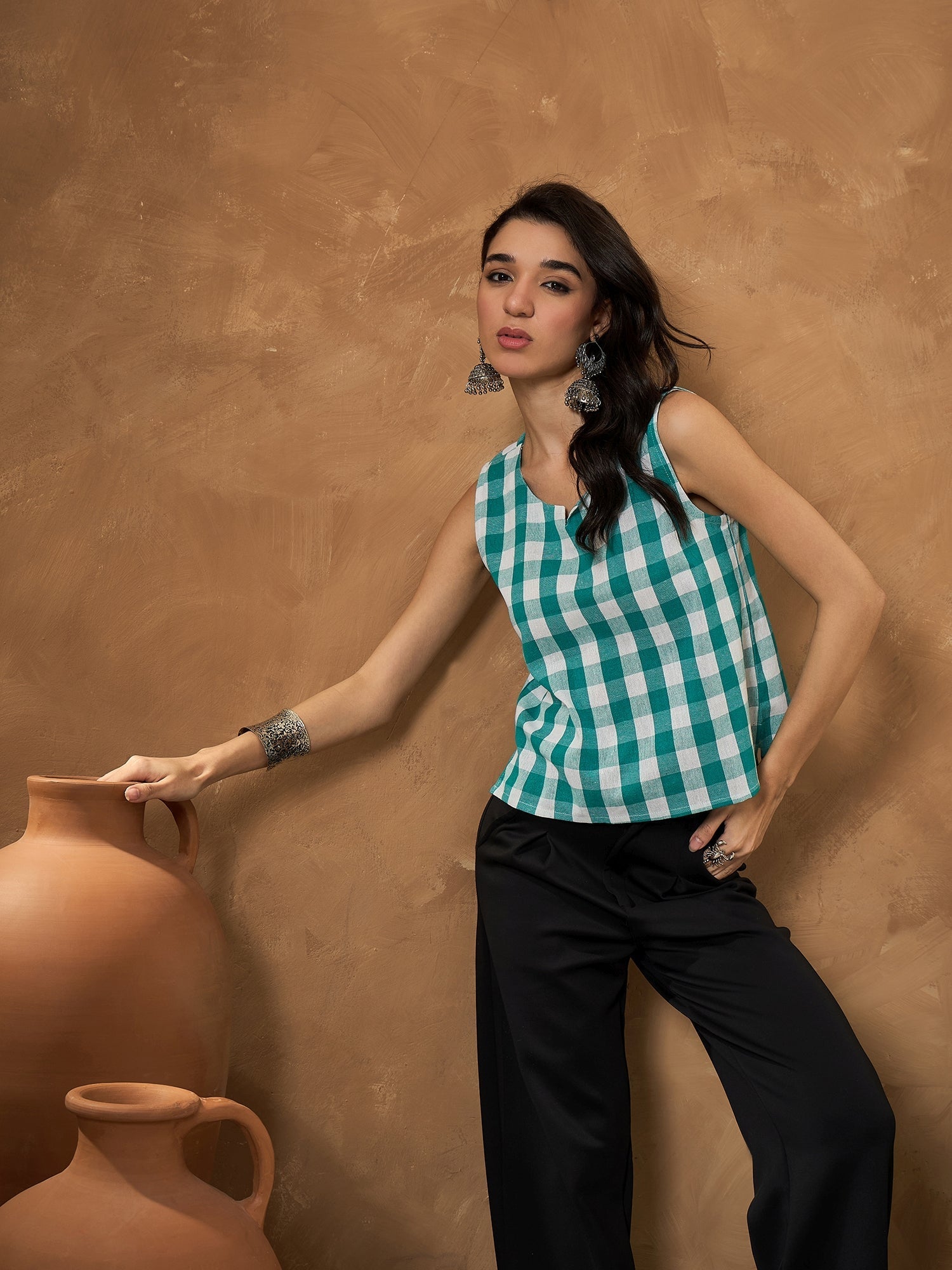 InWeave Light Blue Big Check Sleeveless Top