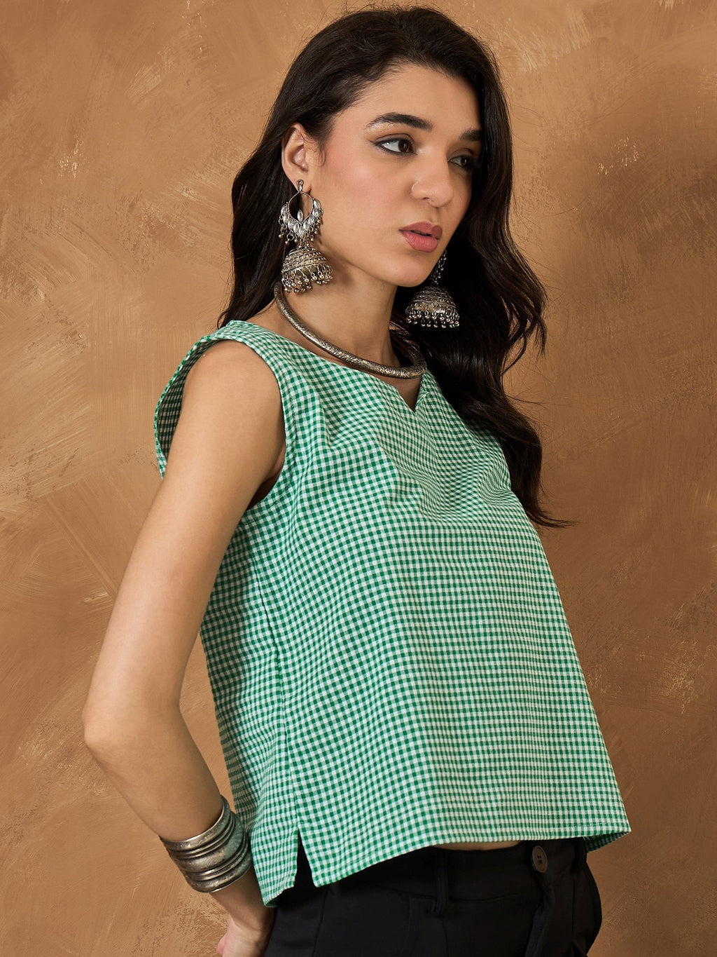 InWeave Green Small Check Sleeveless Top